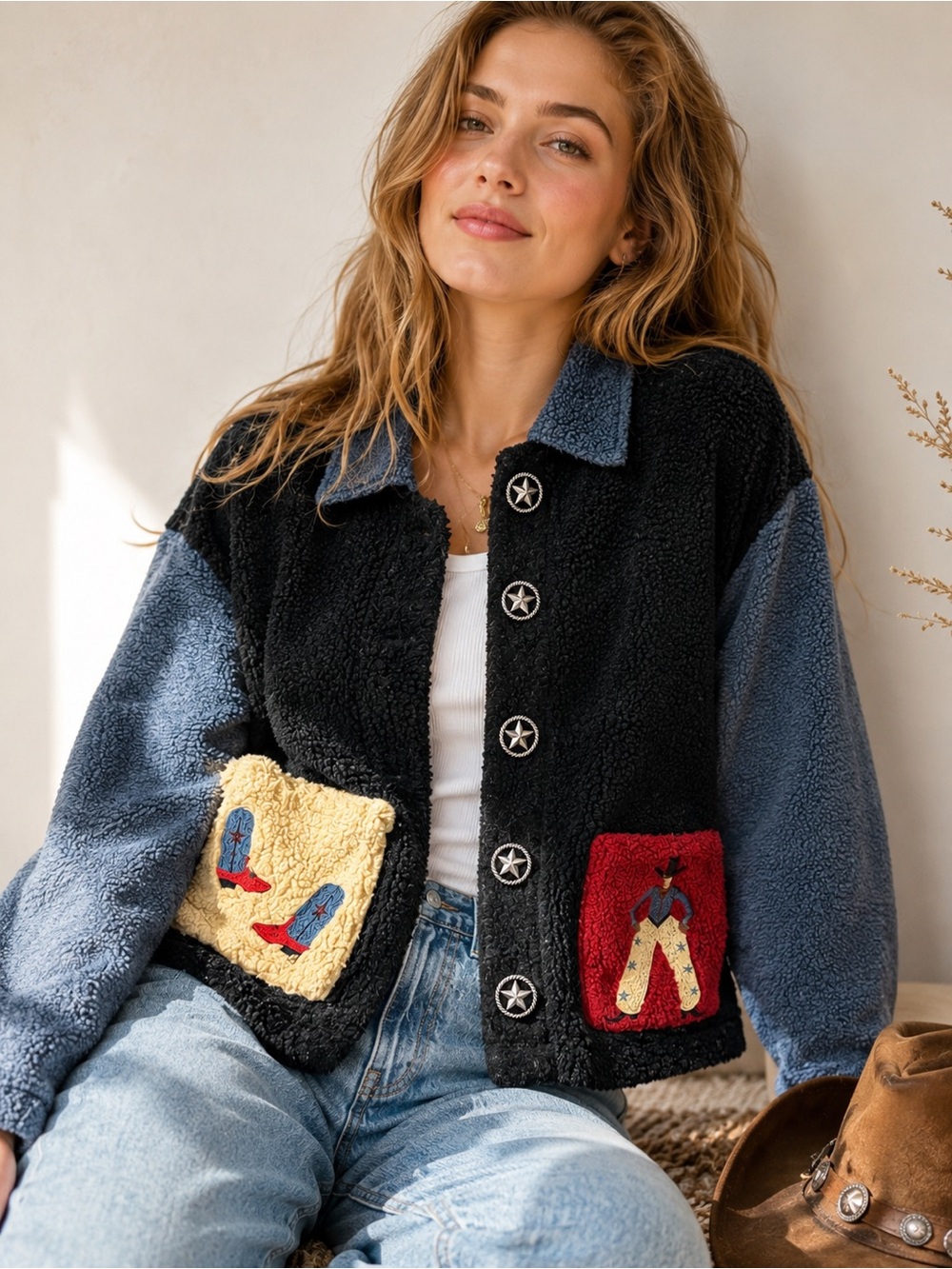 Vintage Roughrider Western Fleece Jacket Medium Cowboy Embroidered Teddy Coat